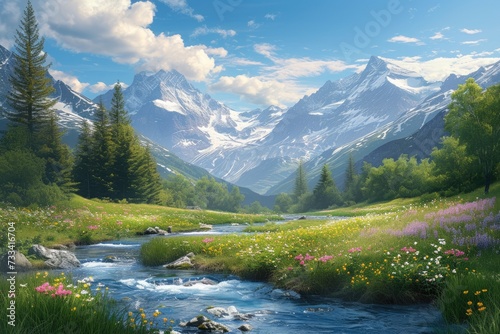 Vibrant wildflowers and a mountain stream with snowy peaks in the background. Resplendent.