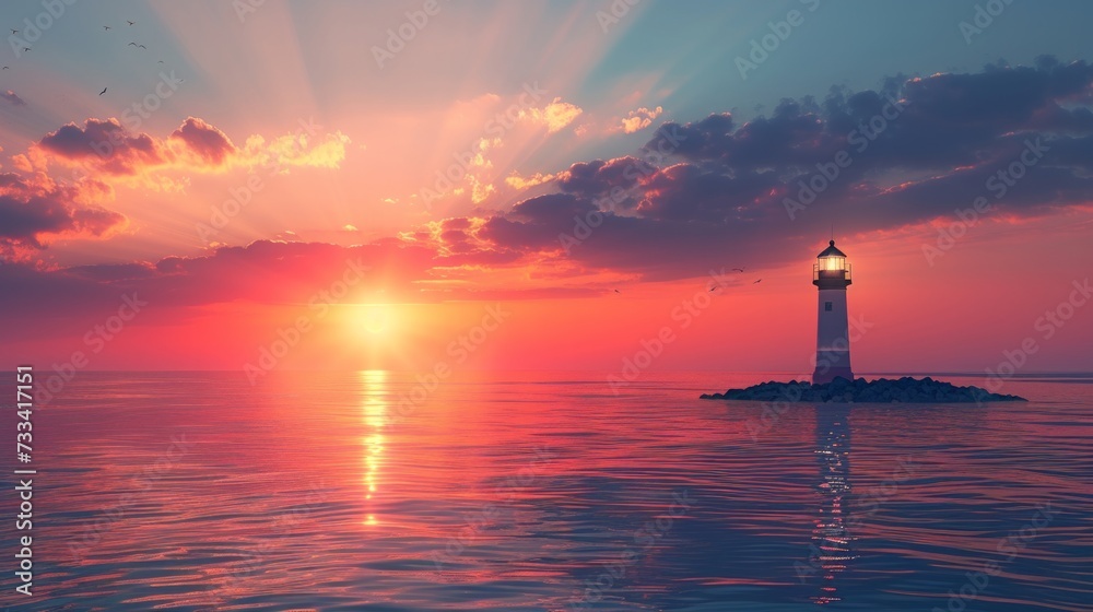 Lighthouse silhouette against vibrant sunset