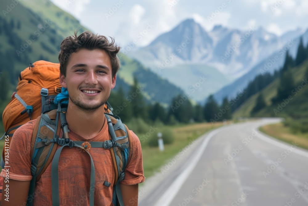 young man smiling on the road with backpack in greenery field young man smiling on the road with backpack in greenery field