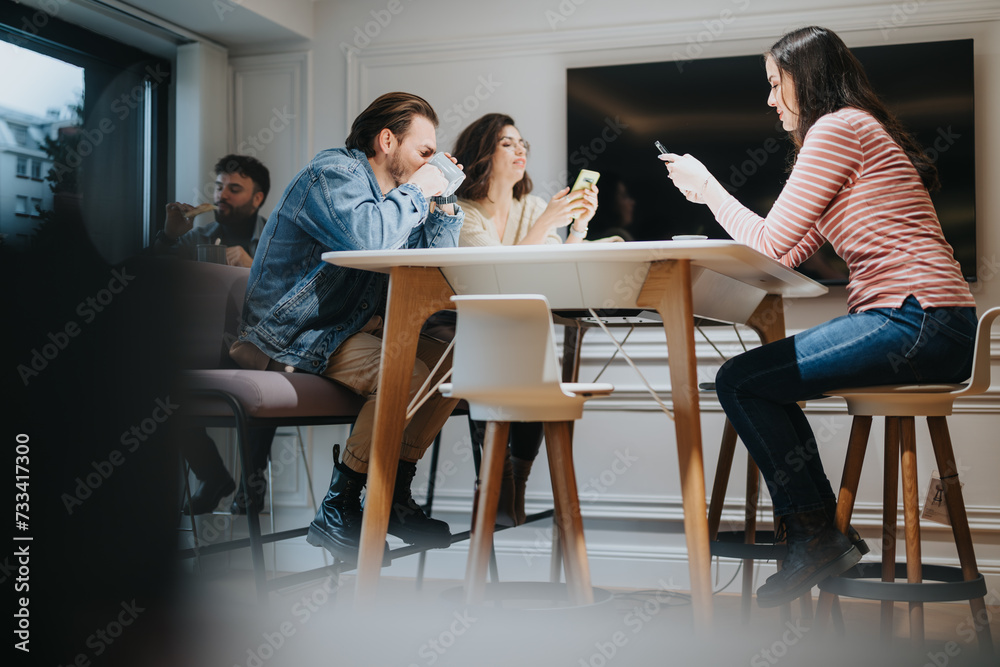 Group of young adults engaged in casual work or study at a modern space, using smart phones and laptops with a window view. Group of young adults engaged in casual work or study at a modern space, using smart phones and laptops with a window view.