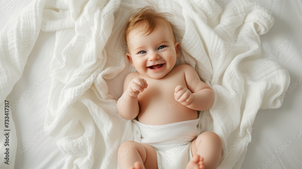 smiling baby lying on a knitted blanket, looking happy and comfortable. smiling baby lying on a knitted blanket, looking happy and comfortable.