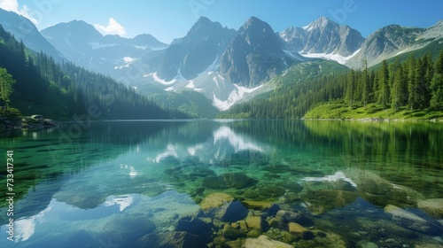 The serene beauty of a mountain lake, its crystal-clear waters reflecting the surrounding peaks like a perfect mirror