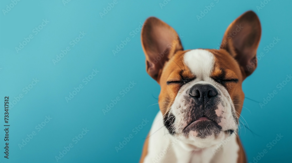Cute funny dog on a blue background isolated with a place for text. Concept pets love, animal life, humor, raising dogs. Dog close up on color background.