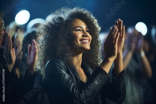 Energetic woman clapping and cheering at theater, fully engaged in the performance photo