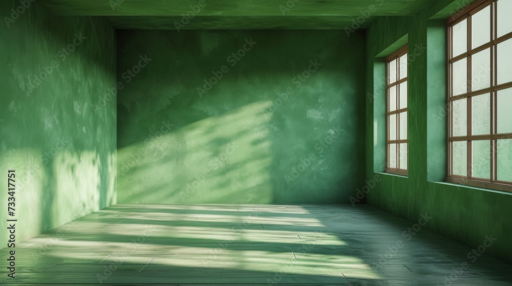 Empty space in green color. Studio room with window Empty space in green color. Studio room with window