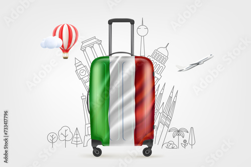 Plastic travel bag with italian flag and famous world sights. 3d vector illustration