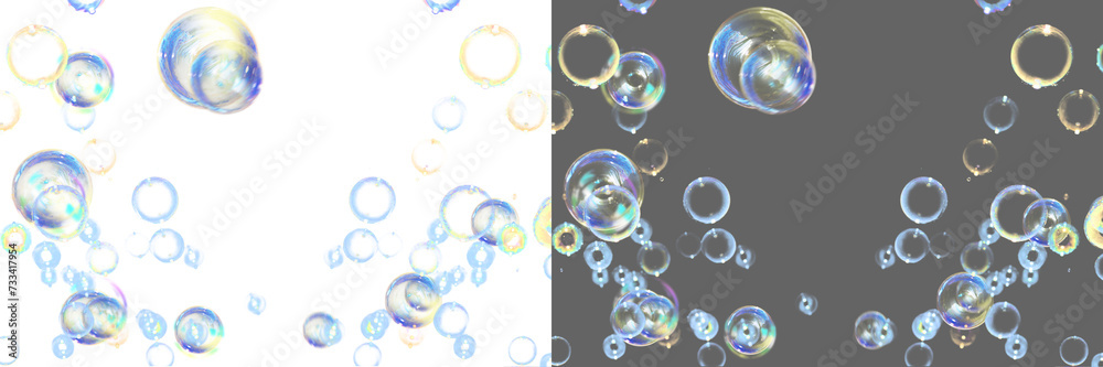 Soap bubble floating transparent background. Realistic air water soap foam bubble with rainbow colors. Bubble frame border PNG	