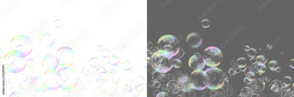 Soap bubble floating transparent background. Realistic air water soap foam bubble with rainbow colors. Bubble frame border PNG	