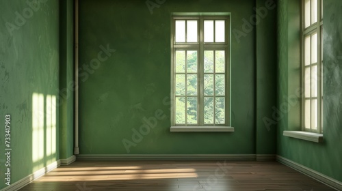 Empty space in green color. Studio room with window
