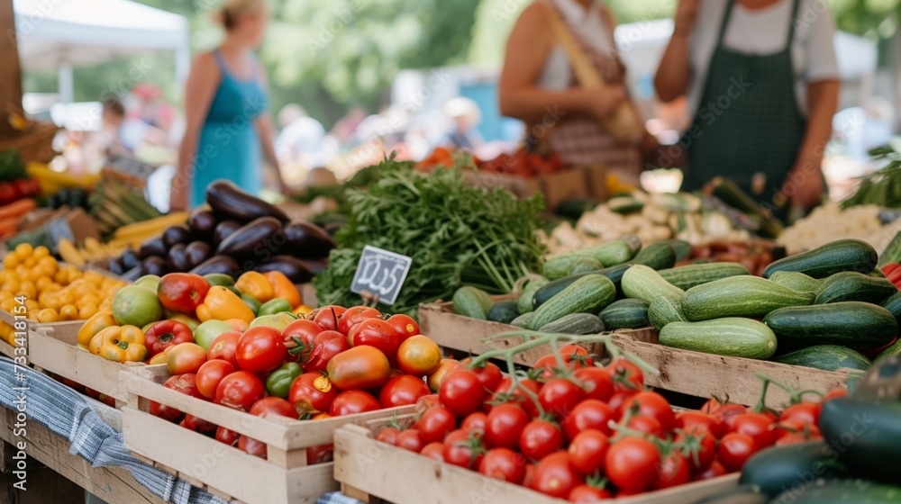 A bustling farmer's market scene with a diversity of vendors and customers, filled with vibrant summer produce