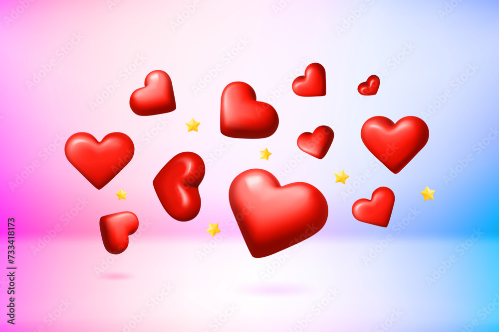 Flying red hearts on color background. 3d vector illustration
