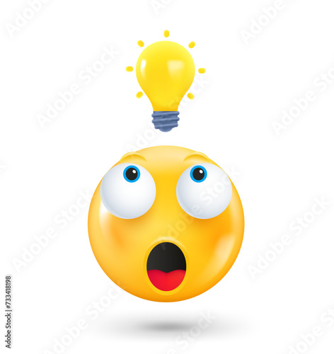 Yellow cute emoji face with lightbulb. Inspiration concept. 3d vector illustration 