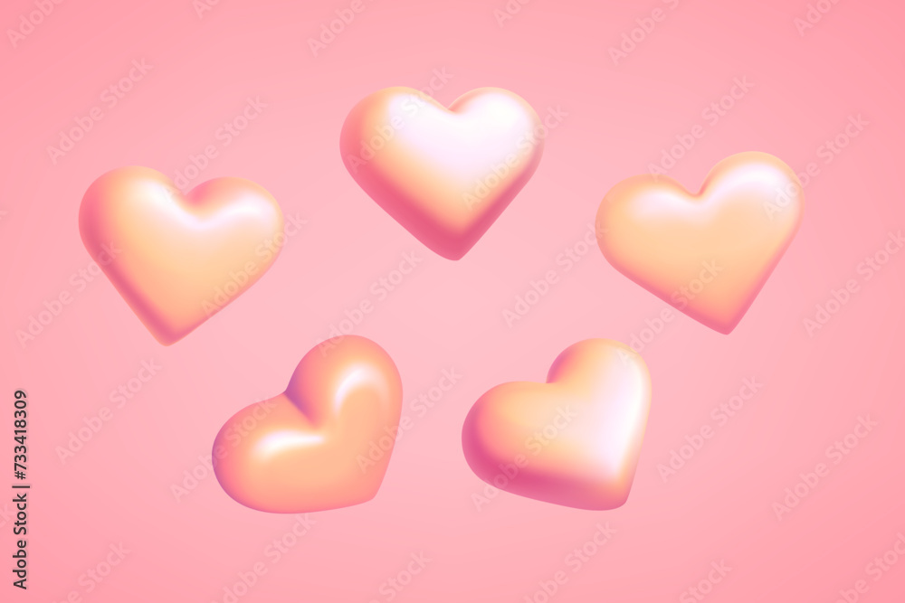 Pink hearts in rotation isolated on pink background. 3d vector illustration