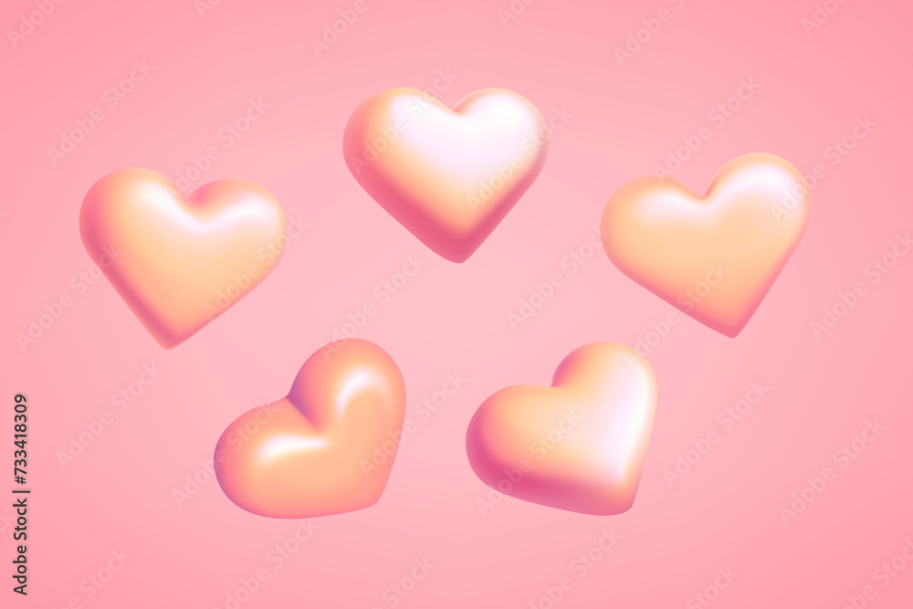 Pink hearts in rotation isolated on pink background. 3d vector illustration Pink hearts in rotation isolated on pink background. 3d vector illustration