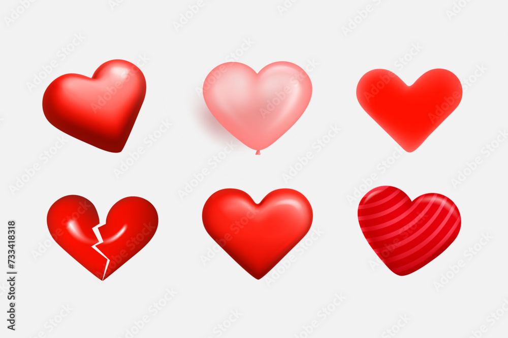 Red hearts clipart isolated on white background. 3d vector illustration