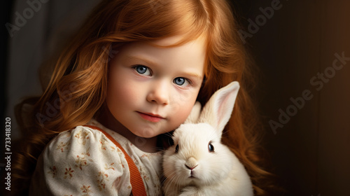 Red haired funny girl with gray eyes hugs fluffy white rabbit,fine art style picture on dark background, Children and pets