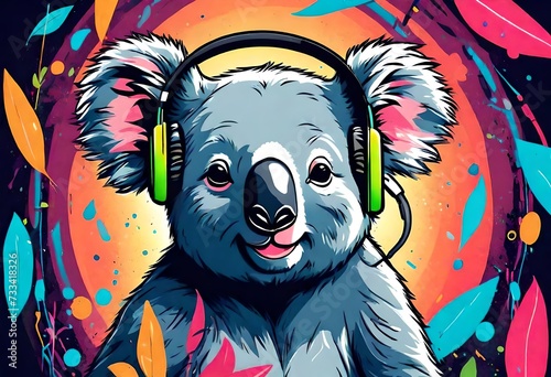 pop art style koala bear wearing headphones