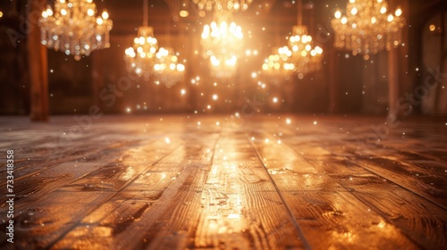Reflections of chandeliers dancing on polished wood, adding glamour to the scene
