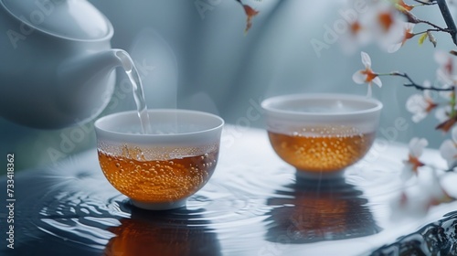 two cups of tea being poured into white cups