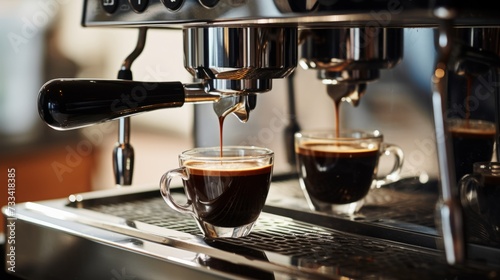 A chrome plated coffee machine brewing a fresh cup