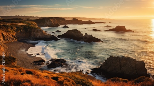 A coastal scene with golden hour hues