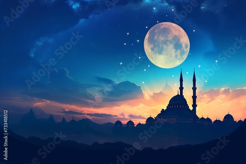 beautiful mosque silhouette with stars under the moon, with ornamental structure style