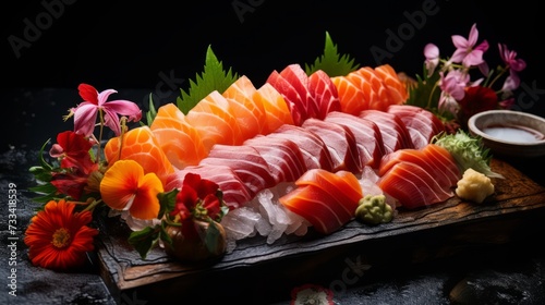 A colorful and artistic arrangement of fresh sashimi