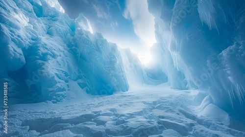 The majestic beauty of a glacier, with towering ice walls and shimmering blue...