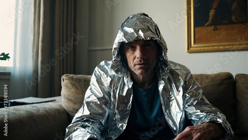 Mann sitzt in Aluminiumfolie eingehüllt zu Hause um sich gegen Strahlung zu schützen photo