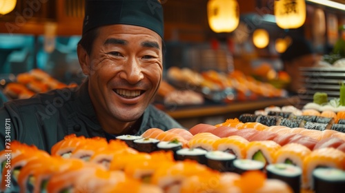 Transport viewers to a culinary delight. a sushi master expertly crafting sus...