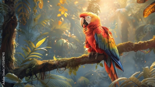 Highlight the vibrancy of a parrot. vibrant plumage of a parrot perched on a ...