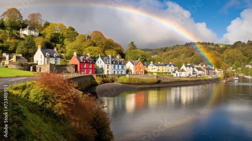 A rainbow arching over a charming riverside village photo