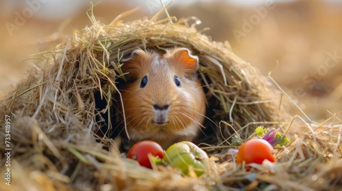 the coziness of a guinea pig. small rodent nestled in a bed of hay, nibbling ...