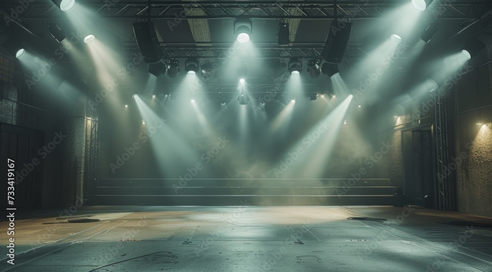 stage set with beams and spotlights in an empty auditorium