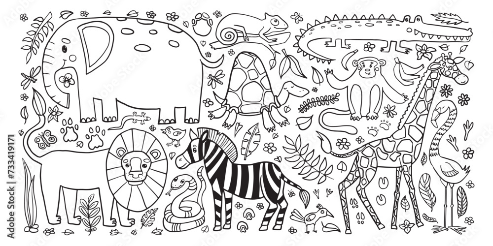 A playful jungle set coloring page featuring a variety of animals like elephant, lion, giraffe, and more, surrounded by flora and fauna, perfect for children’s educational activities.