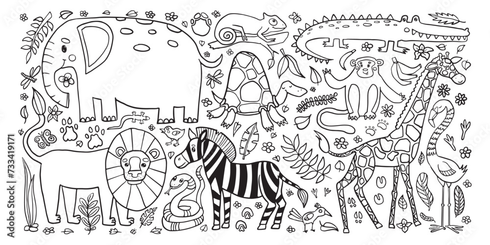 A playful jungle set coloring page featuring a variety of animals like elephant, lion, giraffe, and more, surrounded by flora and fauna, perfect for children’s educational activities. A playful jungle set coloring page featuring a variety of animals like elephant, lion, giraffe, and more, surrounded by flora and fauna, perfect for children’s educational activities.