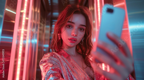 Young beautiful girl in a shiny top takes a selfie while standing in an elevator