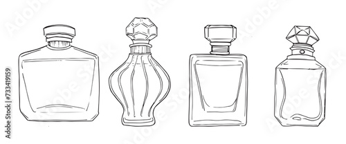 A set of four elegant line-drawn perfume bottles, varying in design from classic to modern, ideal for beauty and fashion themes.