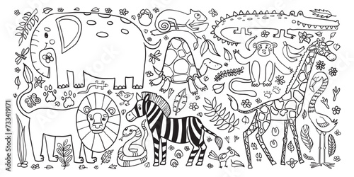 A playful jungle set coloring page featuring a variety of animals like elephant, lion, giraffe, and more, surrounded by flora and fauna, perfect for children’s educational activities.