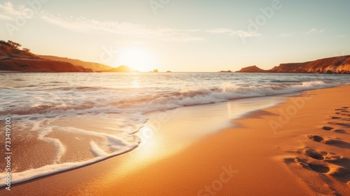 A tranquil beach bathed in the golden hour light