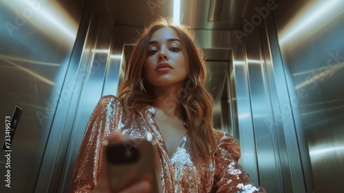 Young beautiful girl in a shiny top takes a selfie while standing in an elevator