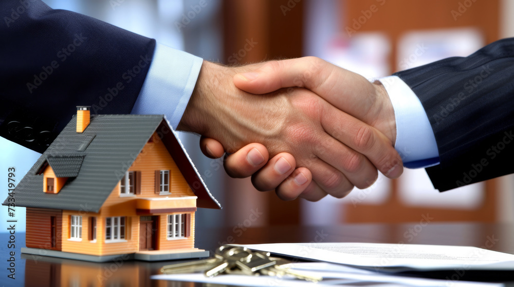 closeup of a handshake over a blurred background with a small model house to the side and house keys and documents on the table, indicating a real estate transaction or agreement.