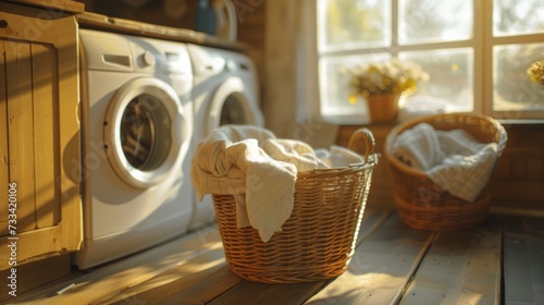 laundry in basket beside washing machine