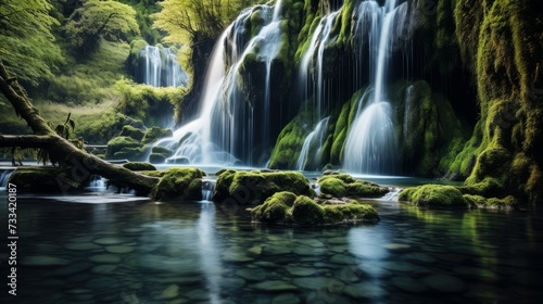 A cascading waterfall in a serene  remote location