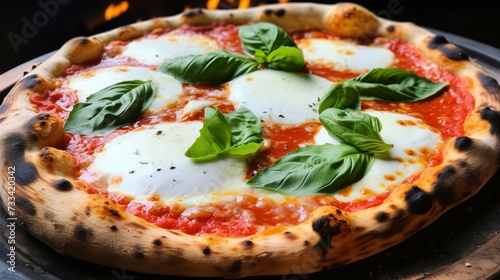 A closeup of a rustic, woodfired margherita pizza