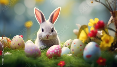 Various Easter eggs and cute little bunny with spring pattern theme and spring flowers in Green Grass background