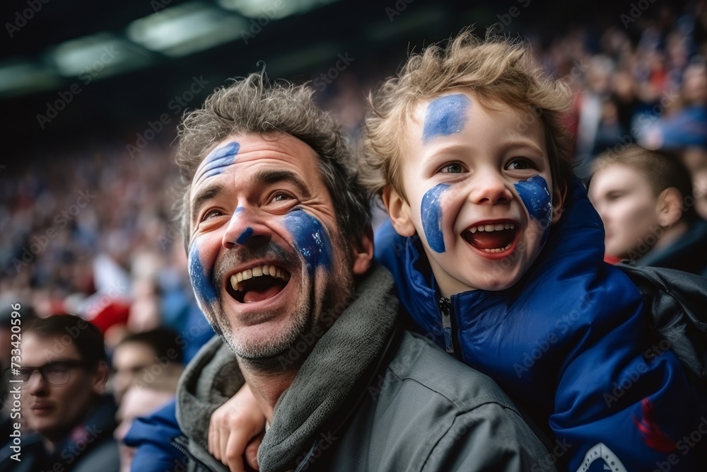Supportive french father and son in blue filled stands for national rugby or football team - obrazy, fototapety, plakaty 