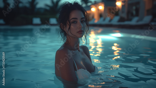 Wunderschönen Frau mit langen Haaren im Bikini schwimmt im Pool in der Nacht, ai generativ
