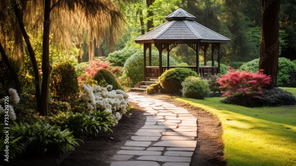 A garden path leading to a secluded gazebo