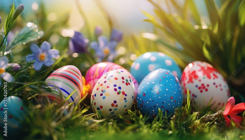 Various Golden Easter eggs with spring pattern theme and spring flowers in Green Grass background Various Golden Easter eggs with spring pattern theme and spring flowers in Green Grass background